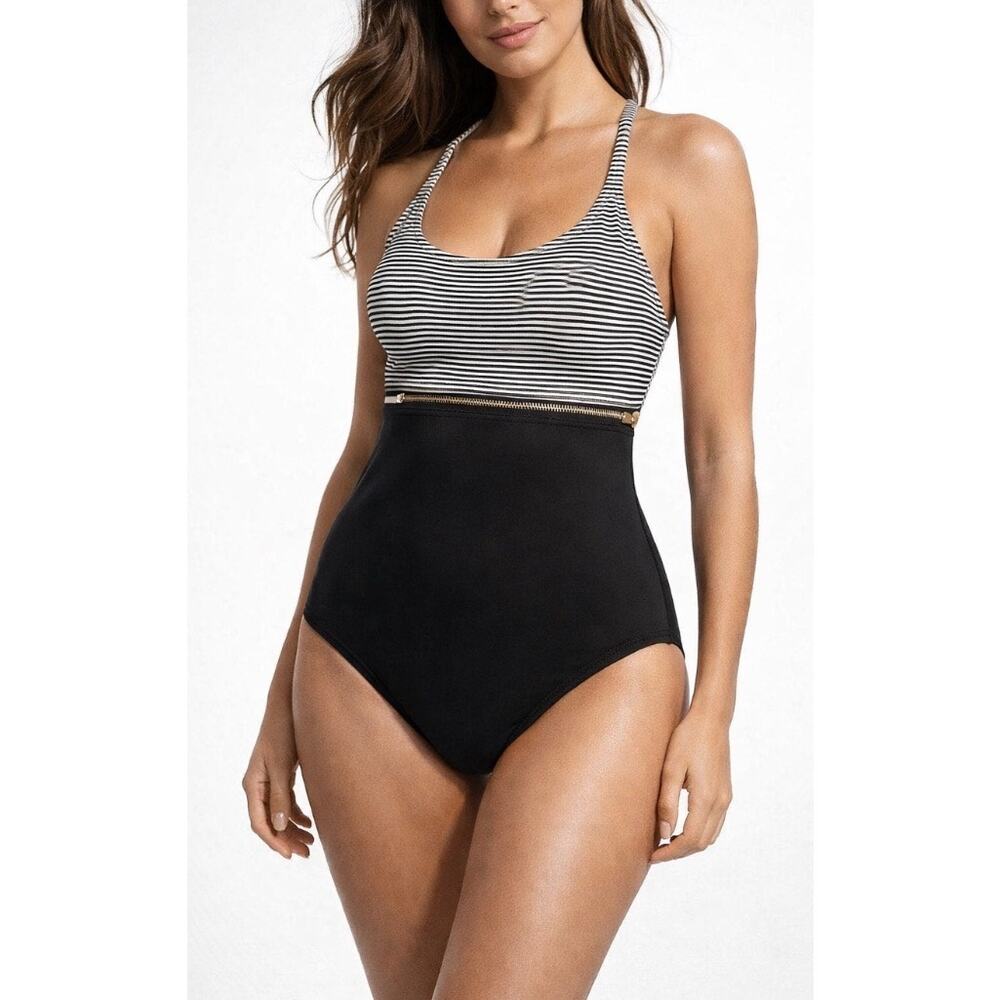 Michael Kors Cut Out One Piece Swimsuit Size‎ 10 Striped Zippper Detail NEW